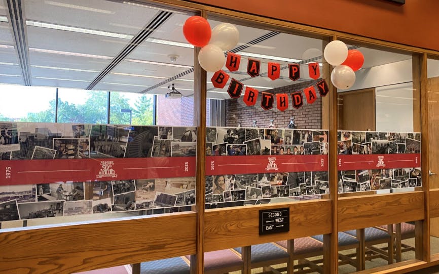 Decorations in Bracken Library for 50th anniversary celebration.Brianna Baariu, NewsLink Indiana