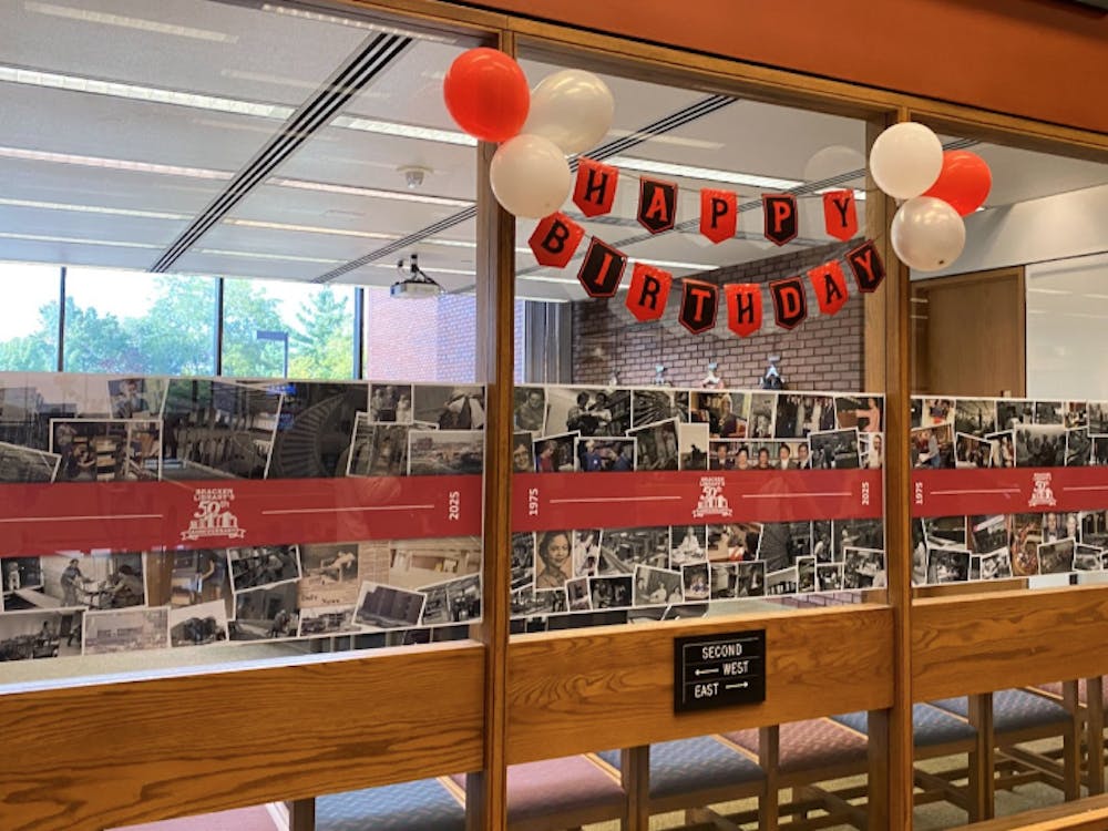 Decorations in Bracken Library for 50th anniversary celebration.Brianna Baariu, NewsLink Indiana
