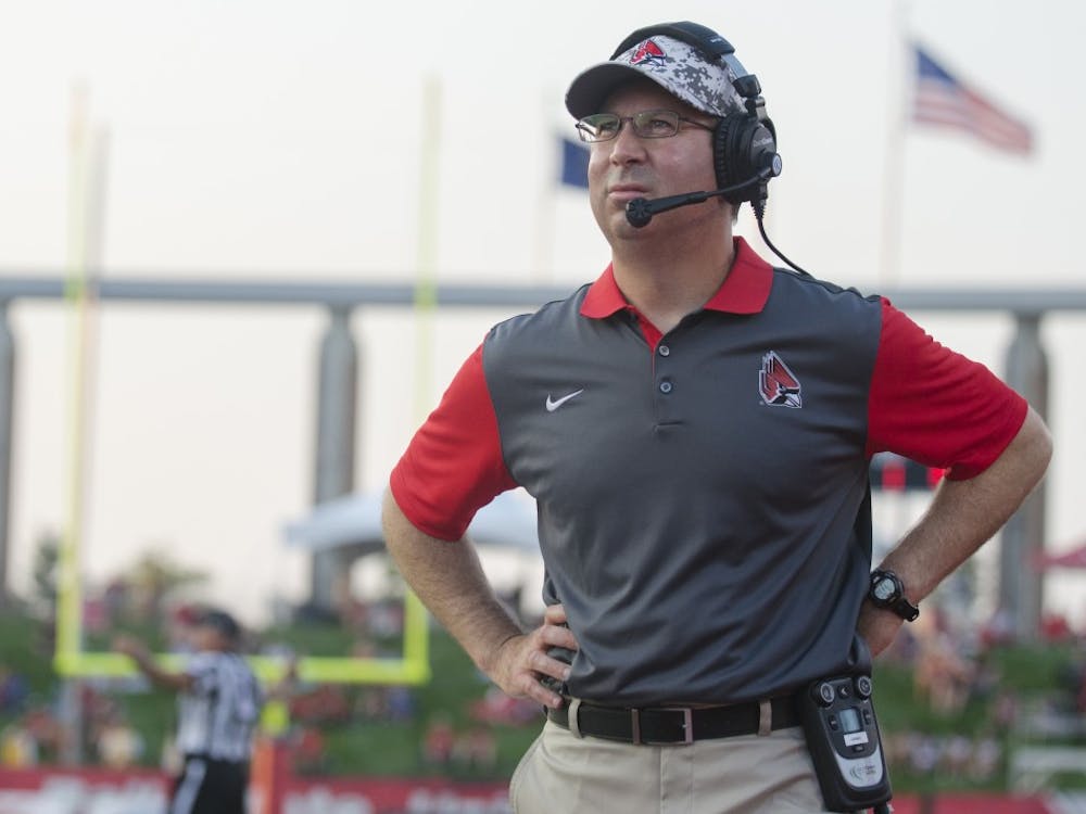 Head coach Pete Lembo looks onward during the game against Virginia Military Institute on Sept. 3 at Scheumann Stadium. DN PHOTO BREANNA DAUGHERTY