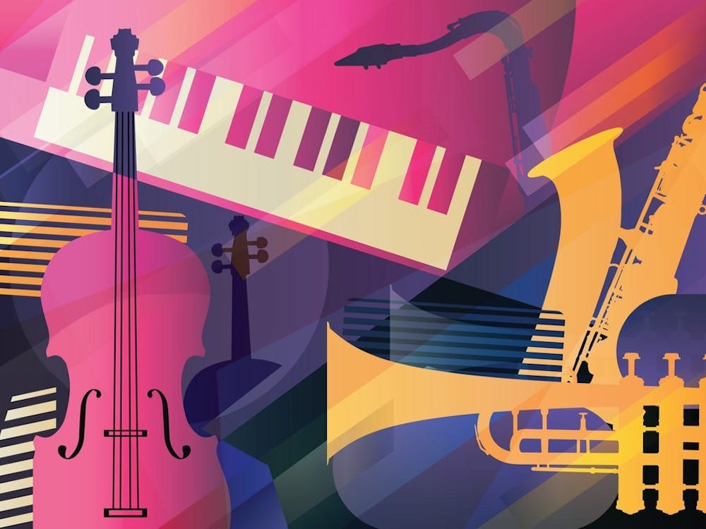 Abstract Jazz Art, Music instruments, trumpet, contrabass, saxophone and piano.