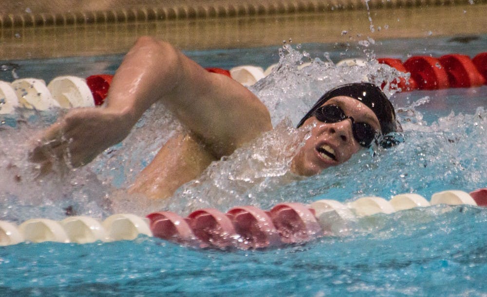Sophomore Alec Tuthill swims in the 200m freestyle during the senior meet against Notre Dame on Feb. 4 in Lewellen Pool. Tuthill finsihed sixth with a time of 1:48:85. Grace Ramey // DN
