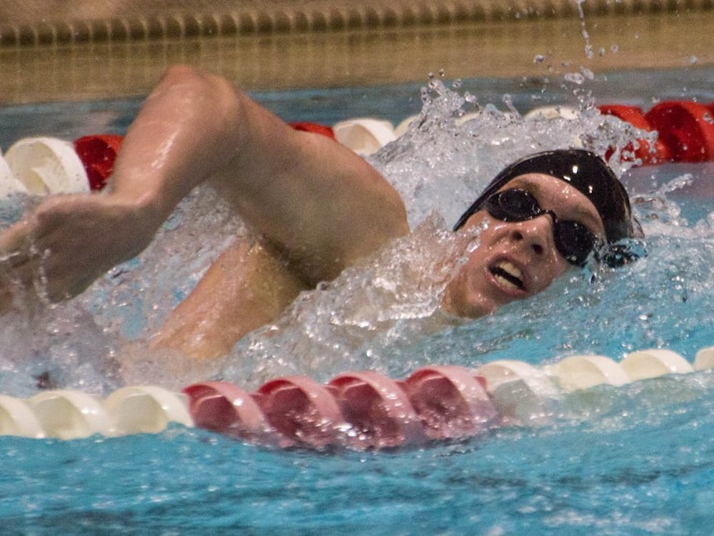 Sophomore Alec Tuthill swims in the 200m freestyle during the senior meet against Notre Dame on Feb. 4 in Lewellen Pool. Tuthill finsihed sixth with a time of 1:48:85. Grace Ramey // DN