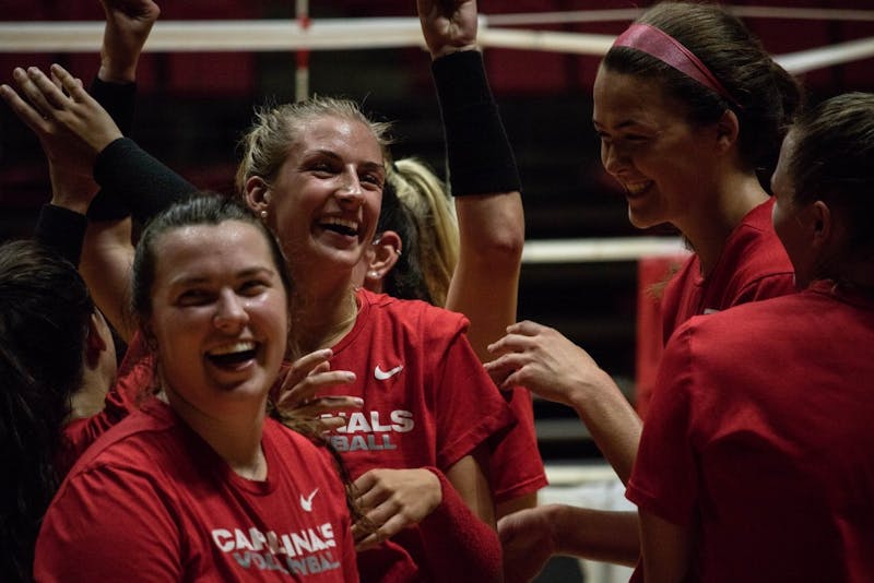 Ball State University Woman's Volleyball team celebrates during practices after completing a drill Wednesday, Sept. 5, 2018 at Worthen Arena. The team will play in the Active Ankle Challenge this weekend. Rebecca Slezak,DN