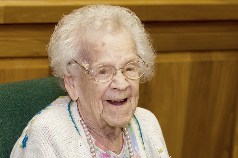 Gladys Culver, 105, lived in Lucina Hall 85 years ago. Culver had the chance to reconnect and inspire different generations of educators with her teaching career. PHOTO COURTESY OF BALL STATE