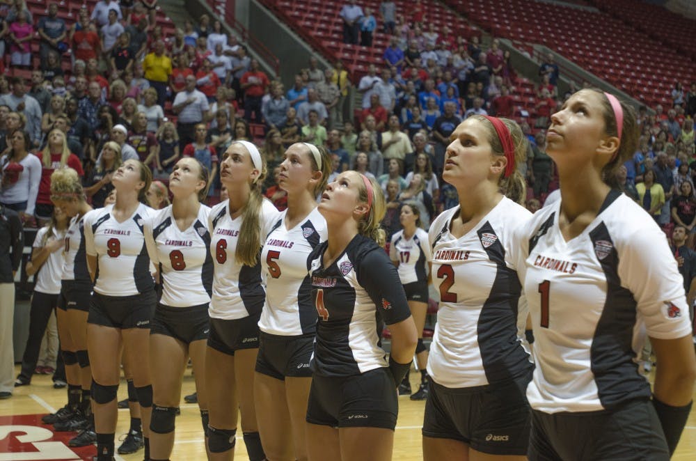 The women's volleyball stands during the National Anthem on Aug. 29 at Worthen Arena. Ball State won 3-0. DN PHOTO BREANNA DAUGHERTY