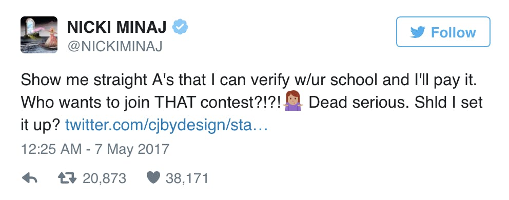 Rapper Nicki Minaj tweeted May 7 that she will help pay college student's tuition. A Ball Sate student named Kyle with the twitter handle @KahlDelMinaj showed Minaj his grades and based on his twitter feed,&nbsp;seemed&nbsp;excited&nbsp;for the opportunity.