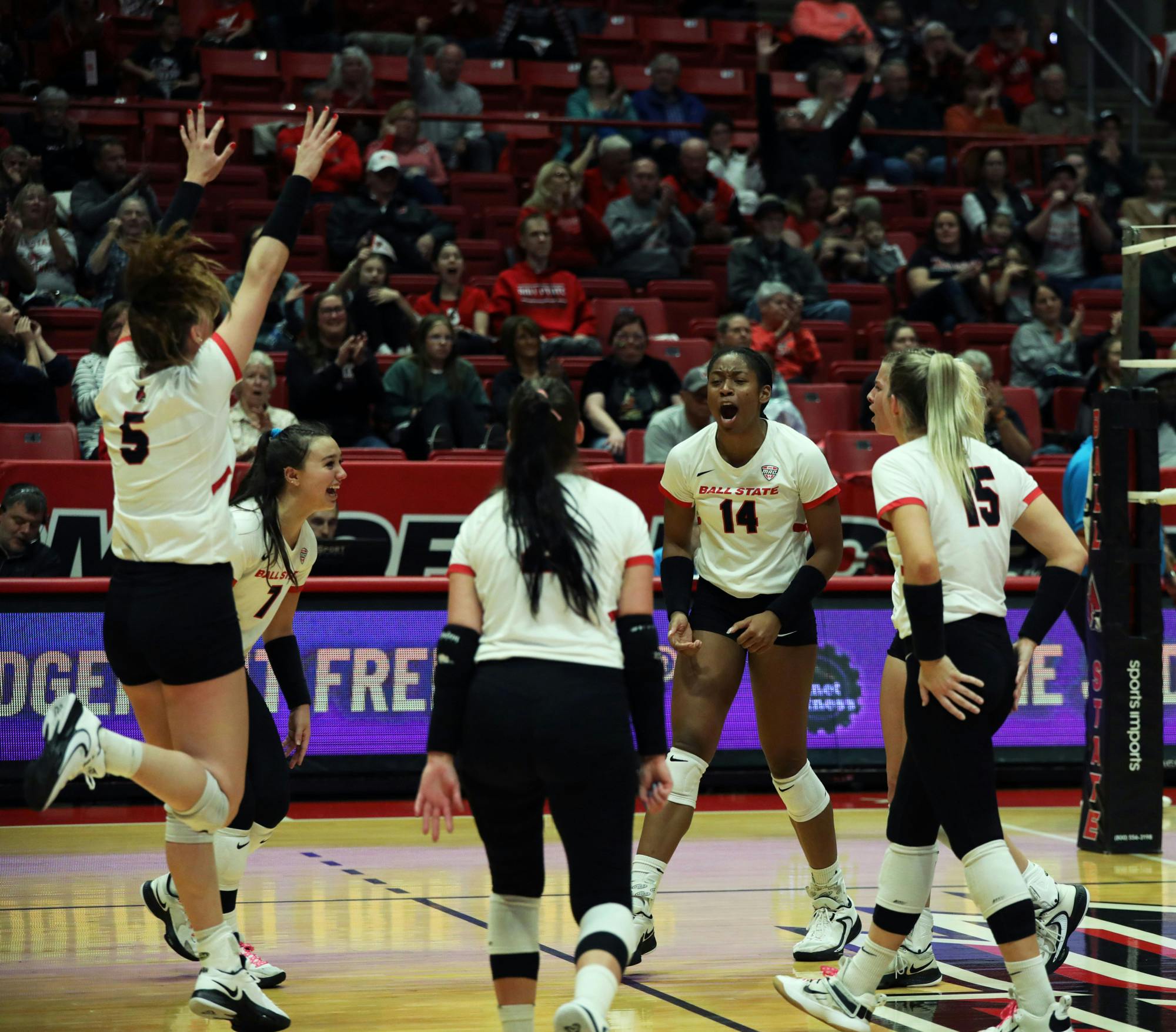 Ball State women's volleyball celebrates scoring a point against Ohio Oct. 28 at Worthen Arena. The Cardinals won 3-1 against the Bobcats. Mya Cataline, DN