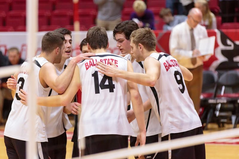 The Ball State Men's Volleyball team huddles up during the game against Fort Wayne on Feb. 7 in Worthen Arena. The Cardinals won 3-0 against the Mastodons. Kyle Crawford // DN
