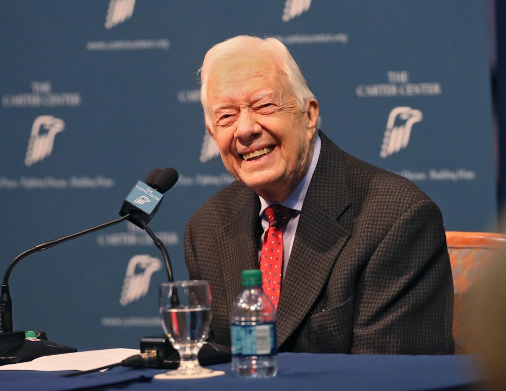 <p>Former President Jimmy Carter discusses his cancer diagnosis at the Carter Center Thursday, Aug. 20, 2015 in Atlanta, Ga. The 90-year-old announced he had cancer after doctors removed small masses from his liver earlier this month. (Bob Andres/Atlanta Journal-Constitution/TNS)</p>