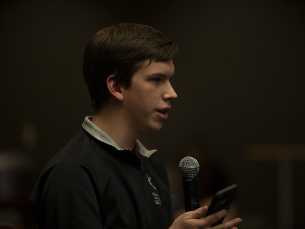Isaac Mitchell, current Student Government Association (SGA) president of Amplify speaks at the SGA Presidential Town Hall Debate held Feb. 19, 2019, at the Art and Journalism building, room 175. Mitchell ends his term at the end of the 2019 spring semester. Scott Fleener, DN