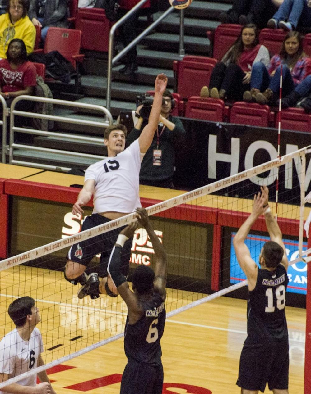 Junior outside attacker Marcin Niemczewski jumps to hit the ball during the game against McKendree on Feb. 20 at Worthen Arena. DN PHOTO ALAINA JAYE HALSEY