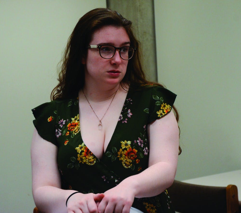 <p>Junior acting major Wilhelmena Dreyer performs a scene as her character, Lila, a young Jewish woman, during a rehearsal for "This is the Way" April 8, 2019, in Bracken Library. At the beginning of this scene in the play, Lila was crying on the floor at her Jewish Community Center before one of her classmates from school, Matthew, approached her. <strong>Nicole Thomas, DN</strong></p>