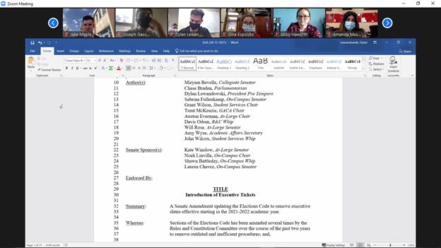 Ball State student government association senators review the amendment to create executive slates for elections at the April 7, 2021, Zoom meeting. The amendment passed by a vote of 31-6, with one abstention. Maya Wilkins, Screenshot Capture