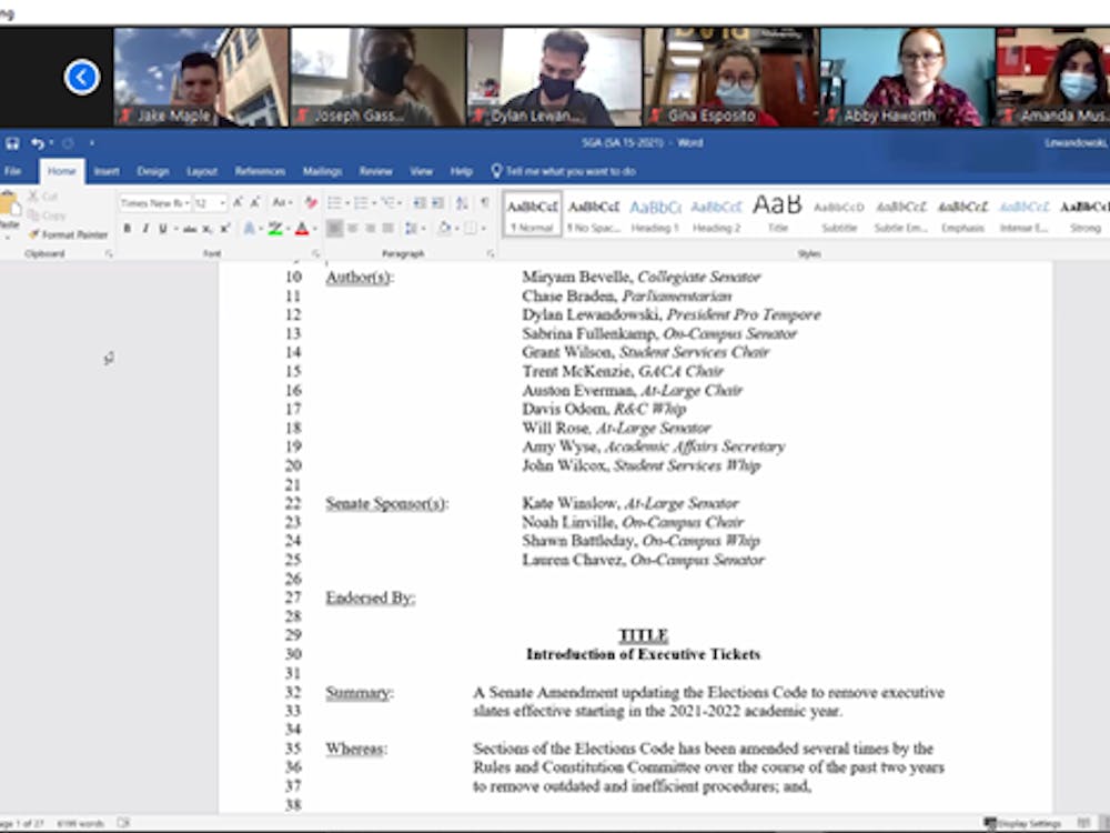 Ball State student government association senators review the amendment to create executive slates for elections at the April 7, 2021, Zoom meeting. The amendment passed by a vote of 31-6, with one abstention. Maya Wilkins, Screenshot Capture