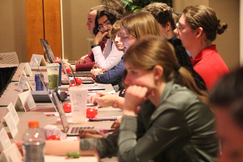 Ball State's Student Government Association (SGA)'s listens to presenters during the March 12 senate meeting inside the university's L.A. Pittenger Student Center Cardinal Hall A. Shelby Anderson, DN