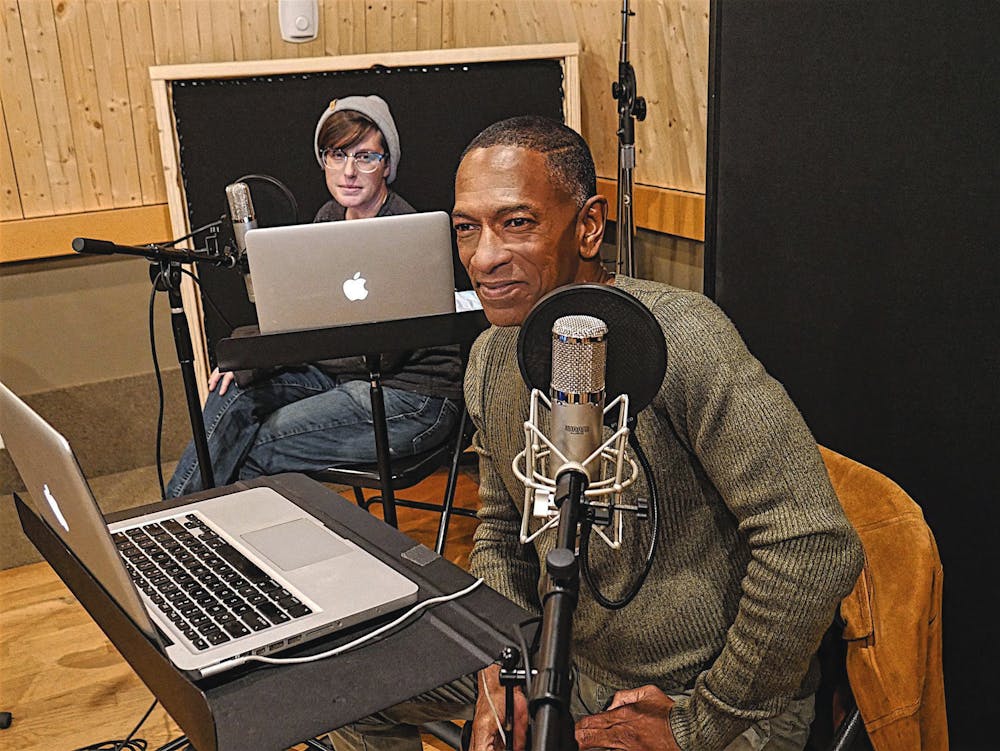 <p>(left to right) E.M. Davis and Watson Swift record their lines for the audio drama &quot;Primer&quot; in the studio. “Primer” is Davis’ first drama as an actor. Spenser Davis, Photo Provided</p>