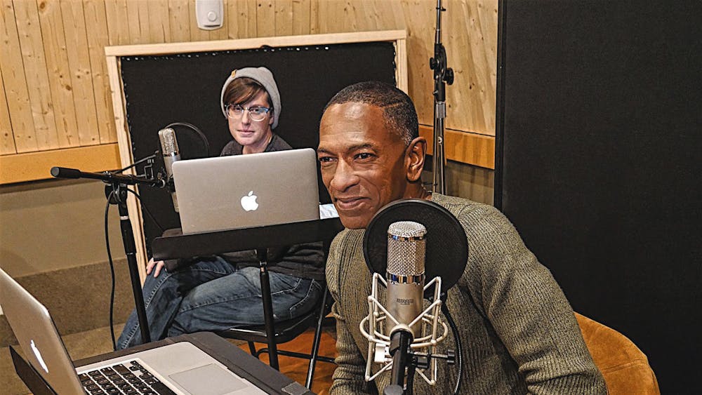 (left to right) E.M. Davis and Watson Swift record their lines for the audio drama &quot;Primer&quot; in the studio. “Primer” is Davis’ first drama as an actor. Spenser Davis, Photo Provided