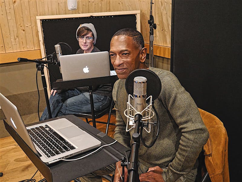 (left to right) E.M. Davis and Watson Swift record their lines for the audio drama &quot;Primer&quot; in the studio. “Primer” is Davis’ first drama as an actor. Spenser Davis, Photo Provided