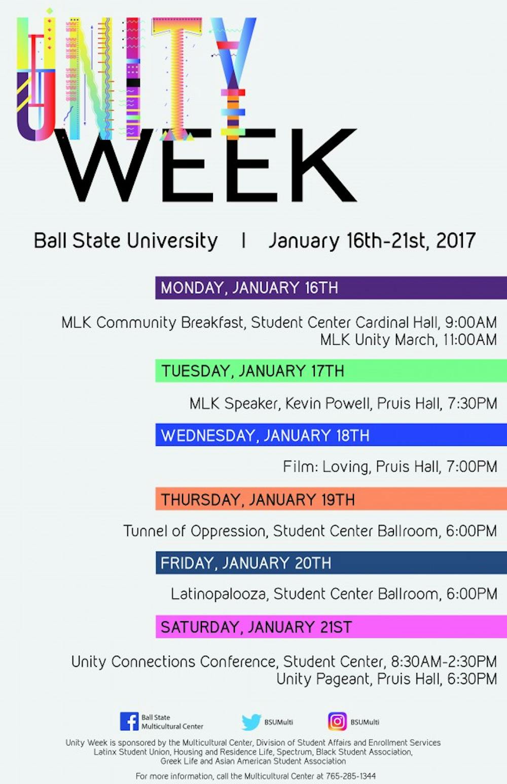 Ball State's Multicultural Center and the Muncie Community MLK Planning Committee will host the 37th annual&nbsp;Unity Week Jan. 16 to 21. The events will focus on diversity, inclusivity and solidarity in a social climate.&nbsp;Ball State Multicultural Center Facebook // Photo Courtesy
