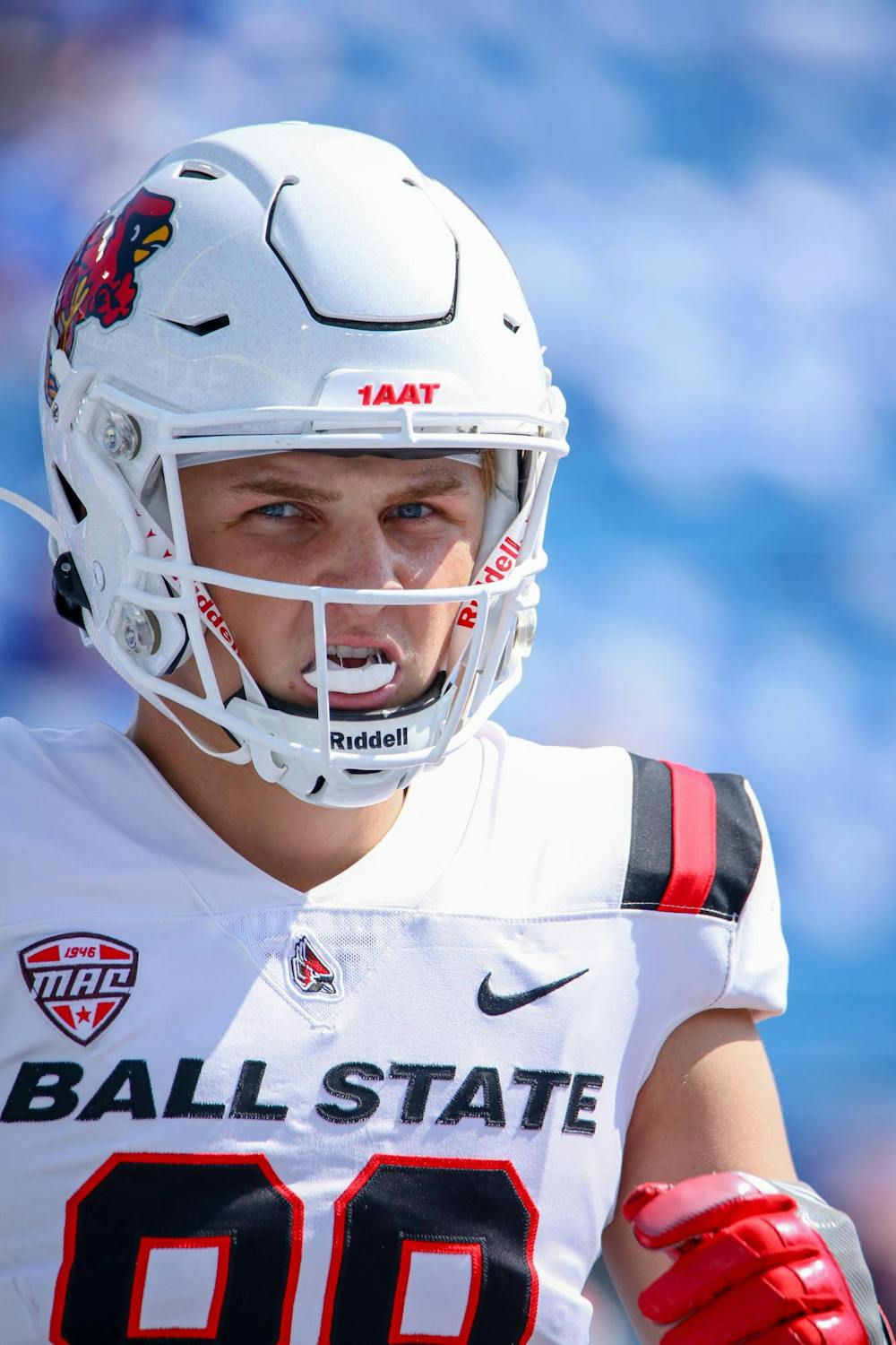 Sophomore tight end Tanner Koziol warming up before kickoff against Kentucky Sept. 2. Koziol had 66 receiving yards in the 44-14 loss. Daniel Kehn, DN