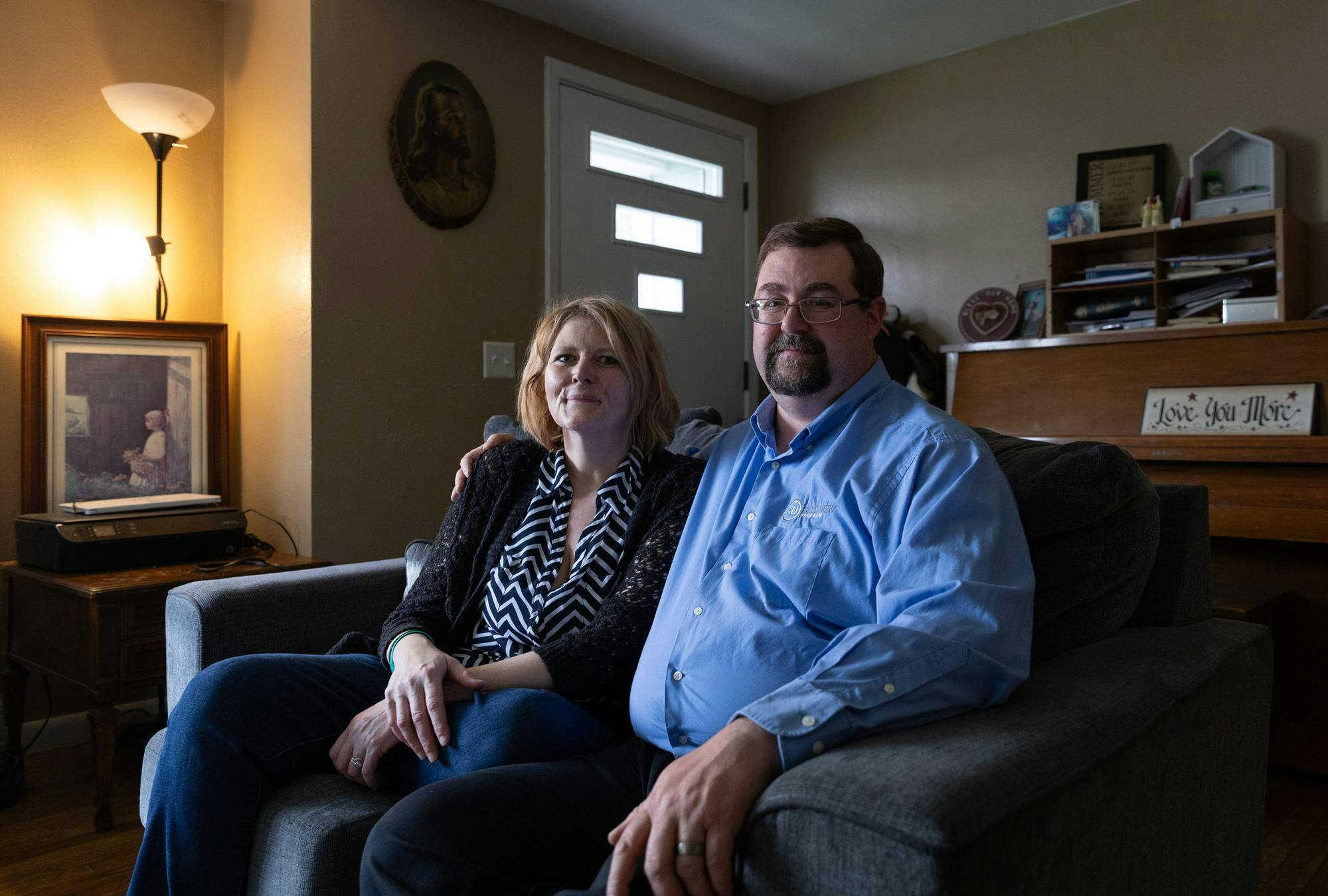 Jarrod and Mandy Hummer pose for a photograph in their home April 3 in Farmland, IN. After years of active addiction, Jarrod and Mandy are now eight years sober. Andrew Berger, Ball Bearings