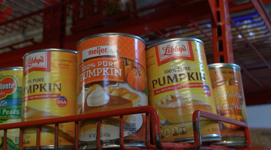 Cans of food are stored at the Muncie Mission in preparation for their annual Thanksgiving event, where they cook fresh meals for the community. (October 31, 2025)