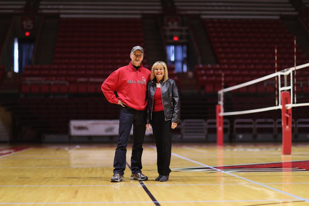 <p>Joe and Marcia Freeman pose for a photo March 29 at Worthen Arena. The Freeman’s have been involved with Ball State athletics for more than 30 years. Mya Cataline, DN</p>