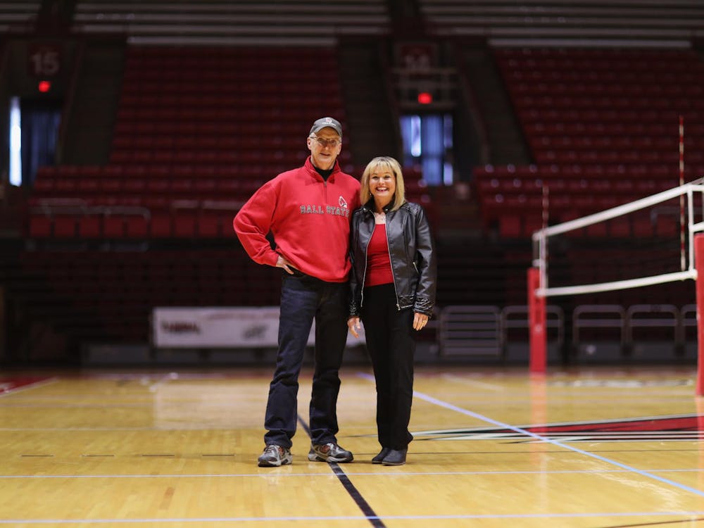 Joe and Marcia Freeman pose for a photo March 29 at Worthen Arena. The Freeman’s have been involved with Ball State athletics for more than 30 years. Mya Cataline, DN