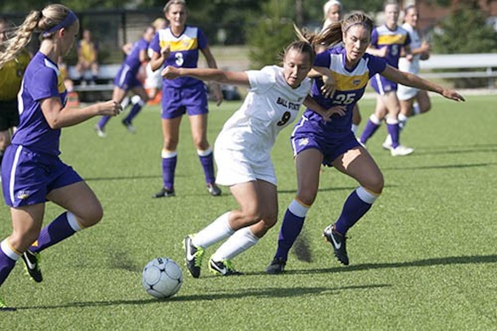 Junior Nicole Pembleton attempts to steal the ball from a Northern Iowa player during the game on Aug. 23. Pembleton scored the game-winning goal against Air Force in Colorado Springs, Colo. DN FILE PHOTO JORDAN HUFFER
