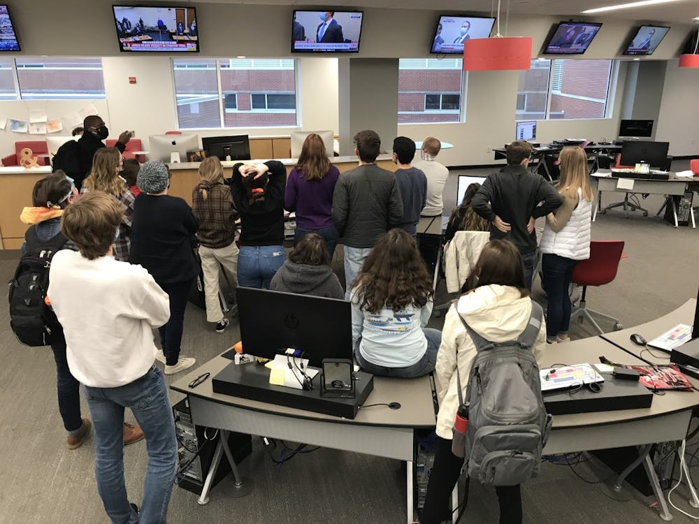 Student journalists watch Chauvin trial verdict April 20, 2021. Chauvin was found guilty of second-degree unintentional murder, third degree murder and second degree manslaughter. Lisa Renze-Rhodes, Photo Provided