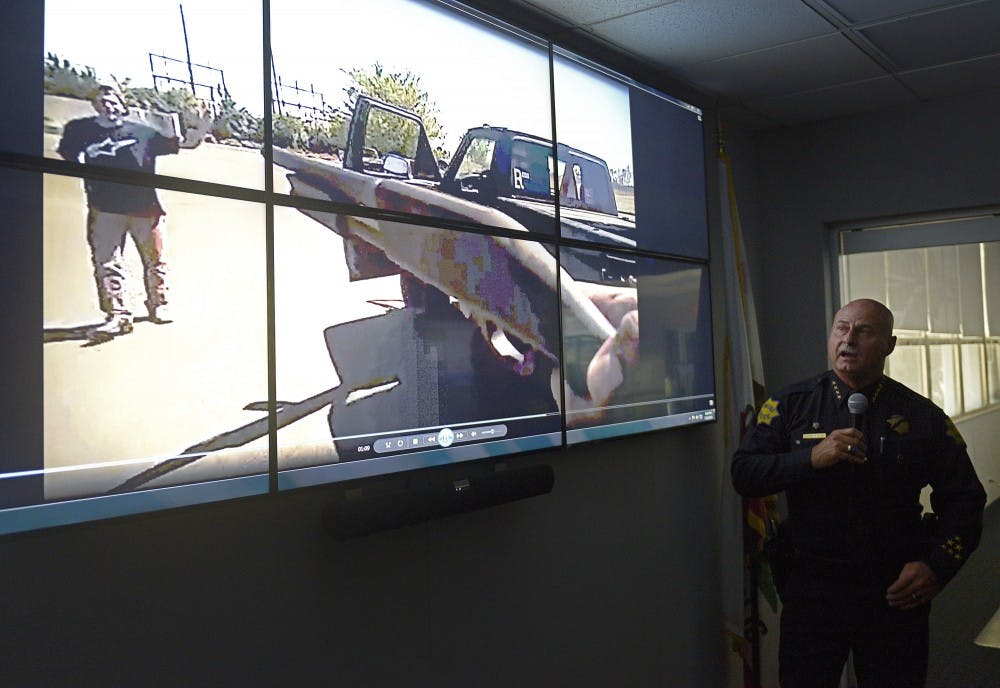Fresno Police Chief Jerry Dyer talks about the body cam video from the officers involved with the shooting of Dylan Noble during a news conference at the Fresno Police Department on July 7, 2016 in Fresno, Calif. (John Walker/Fresno Bee/TNS) 