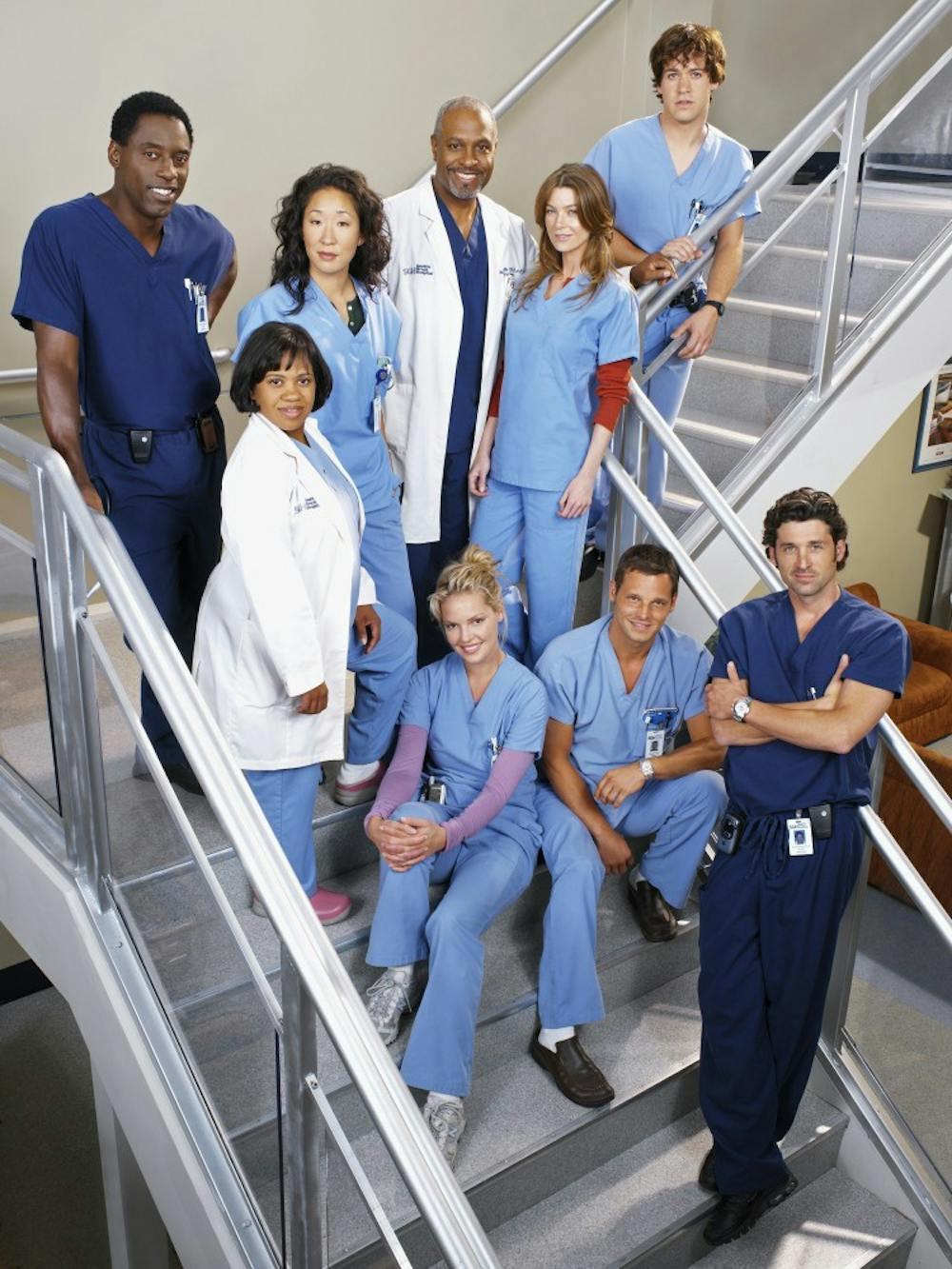 (Top row)  Isaiah Washington as "Dr. Preston Burke," Chandra Wilson as "Miranda Bailey," Sandra Oh as "Cristina Yang," James Pickens, Jr. as "Dr. Richard Webber," Ellen Pompeo as "Meredith Grey" and T.R. Knight as "George O'Malley." (Bottom row) Katherine Heigl as "Isobel 'Izzie' Stevens," Justin Chambers as "Alex Karev" and Patrick Dempsey as "Dr. Derek Shepherd" star on "Grey's Anatomy" on the ABC Television Network. (Handout/KRT)