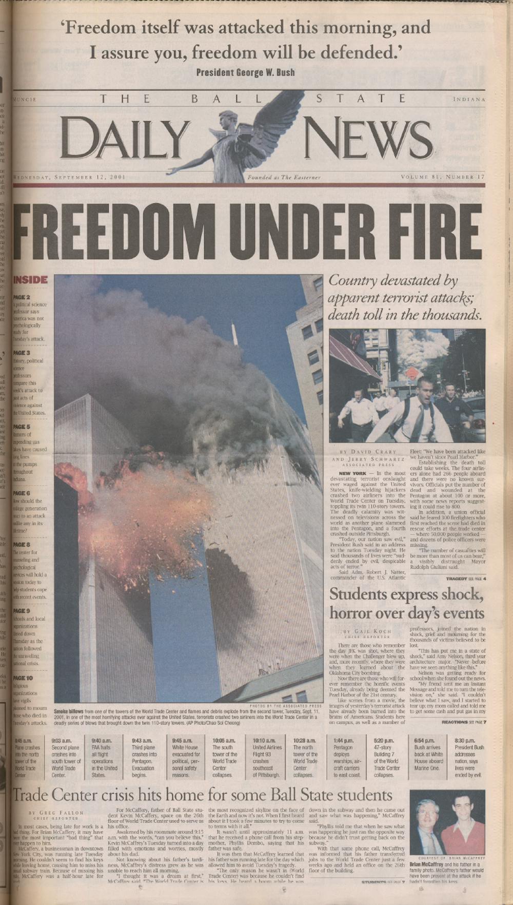 <p>The historical cover of the Sept. 12, 2001, edition of The Ball State Daily News was on display in the Newseum in Washington, D.C., and included in a collection of front cover pages created by the Society of Professional Journalists. The staff of The Daily News reworked the cover more than half a dozen times before sending it to the printer. Ball State Digital Media Repository, Photo Courtesy</p>