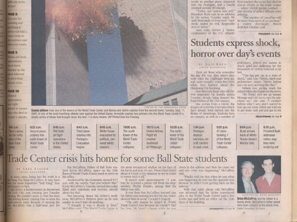 The historical cover of the Sept. 12, 2001, edition of The Ball State Daily News was on display in the Newseum in Washington, D.C., and included in a collection of front cover pages created by the Society of Professional Journalists. The staff of The Daily News reworked the cover more than half a dozen times before sending it to the printer. Ball State Digital Media Repository, Photo Courtesy