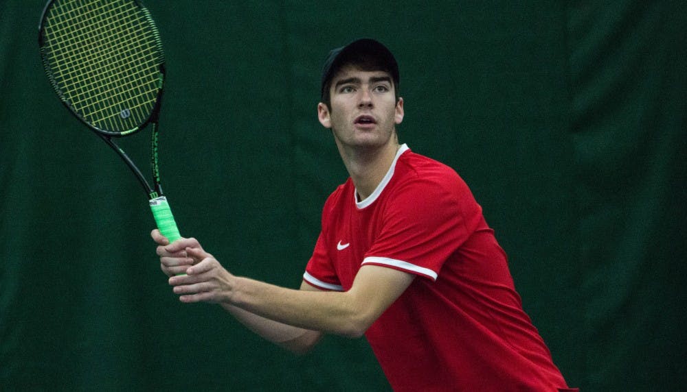 Senior Andrew Stutz won in straight sets during the match against Eastern Illinois' Jared Woodson on Jan. 22 at Muncie's Northwest YMCA. Stutz won both sets 6-1. Grace Ramey // DN
