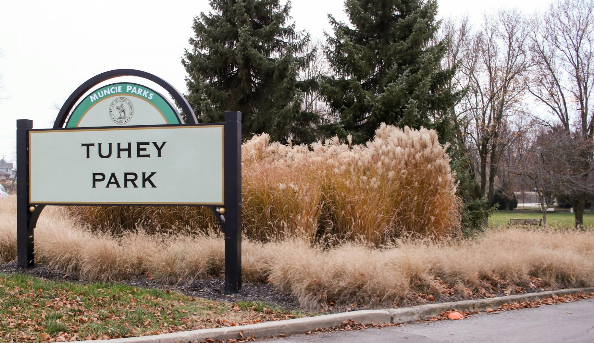 Tuhey Park&#x27;s welcome sign stands at its entrance Dec. 8, 2020, at Tuhey Park. The park sits in the Riverside nieghborhood just off of White River. Maeve Bradfield, DN