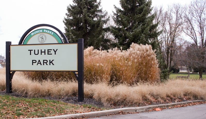 Tuhey Park&#x27;s welcome sign stands at its entrance Dec. 8, 2020, at Tuhey Park. The park sits in the Riverside nieghborhood just off of White River. Maeve Bradfield, DN