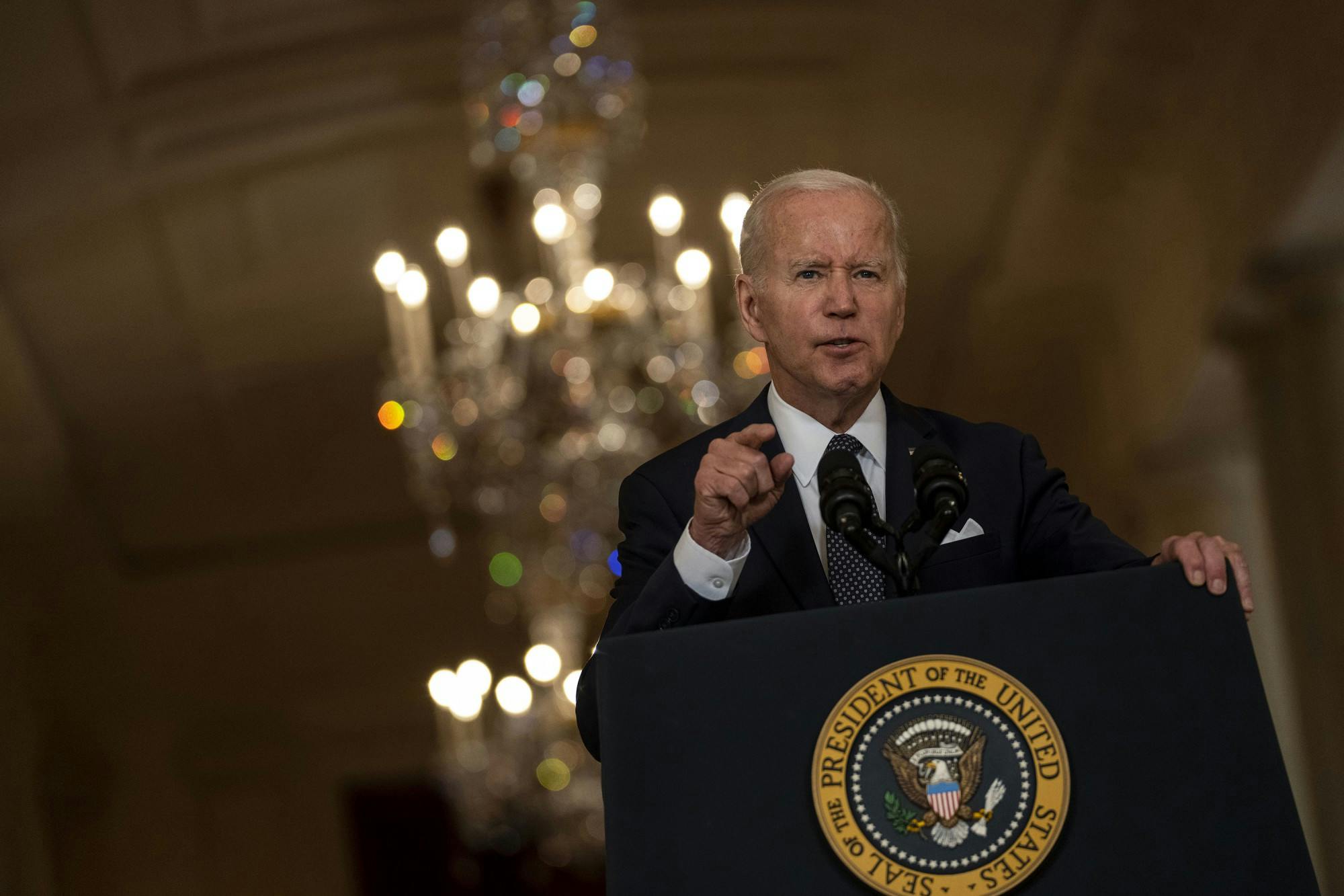 President Joe Biden delivers remarks on the recent mass shootings, imploring Congress to act to pass laws to combat the proliferation of gun violence from the Cross Hall of the White House on Thursday, June 2, 2022, in Washington, D.C. (Kent Nishimura/Los Angeles Times/TNS)