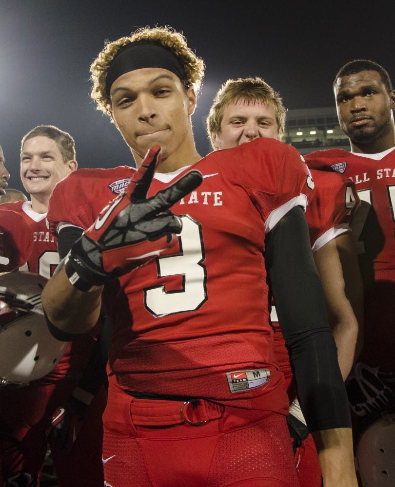 Junior wide receiver Willie Snead celebrates the win against Central Michigan. Snead decided to forgo his senior season to enter the 2014 NFL Draft.  DN FILE PHOTO COREY OHLENKAMP 