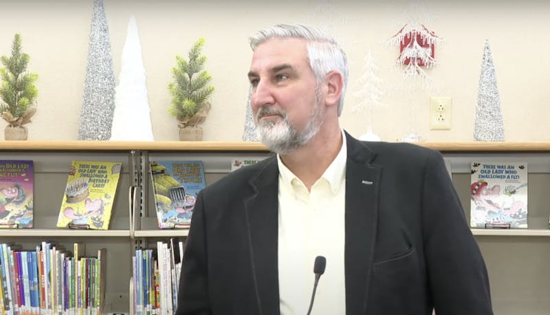 Indiana Gov. Eric Holcomb announces his 2023 legislative agenda on Jan. 4, 2023, at Liberty Park Elementary School in Indianapolis. (Image from governor’s livestream)