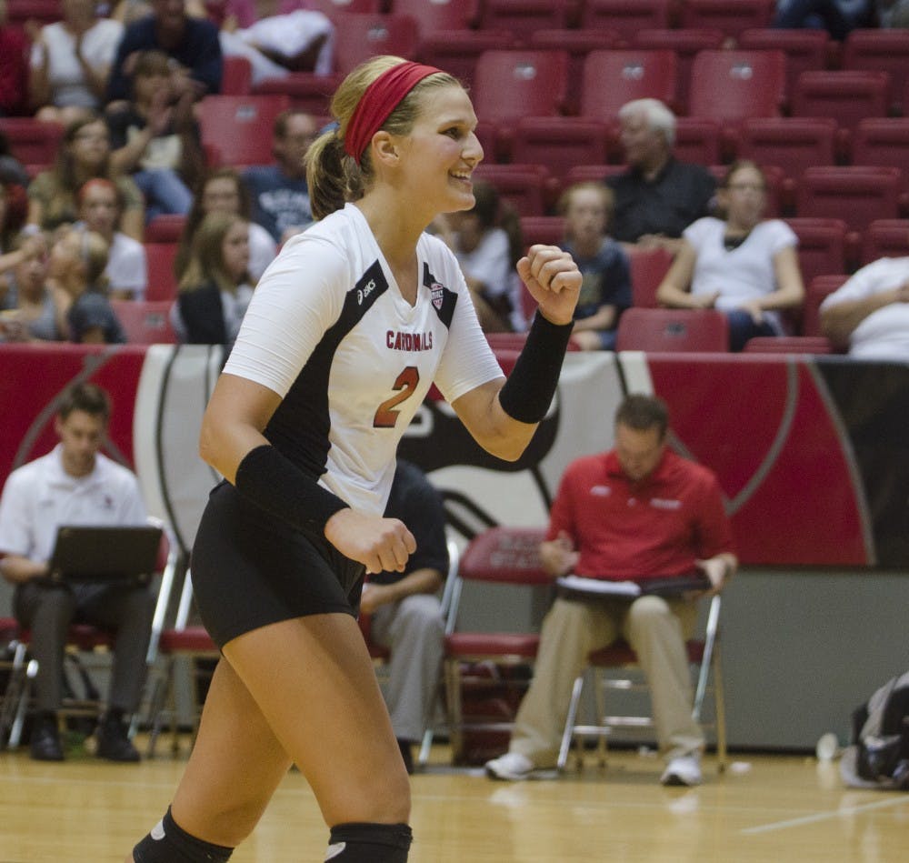 Redshirt junior  outside hitter Alex Fuelling celebrates after a play in the match against Western Illinois on Aug. 29 at Worthen Arena. Fuelling had 17 digs. DN PHOTO BREANNA DAUGHERTY