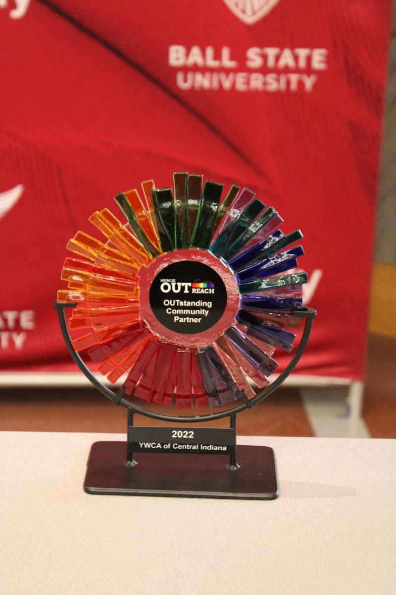 An award sits on a table ahead of the 10th Anniversary Celebration for Muncie OUTreach Oct. 27 at the Ball State Alumni Center. This award for Outstanding Community Partner was given to the YWCA of Central Indiana. Sarah Olsen, DN