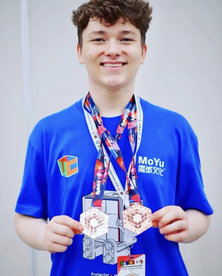 Luke Garret, a freshman at Ball State, currently holds the world record for solving a Rubik's Cube with one hand the fastest. 

Photo courtesy of Brad Garrett