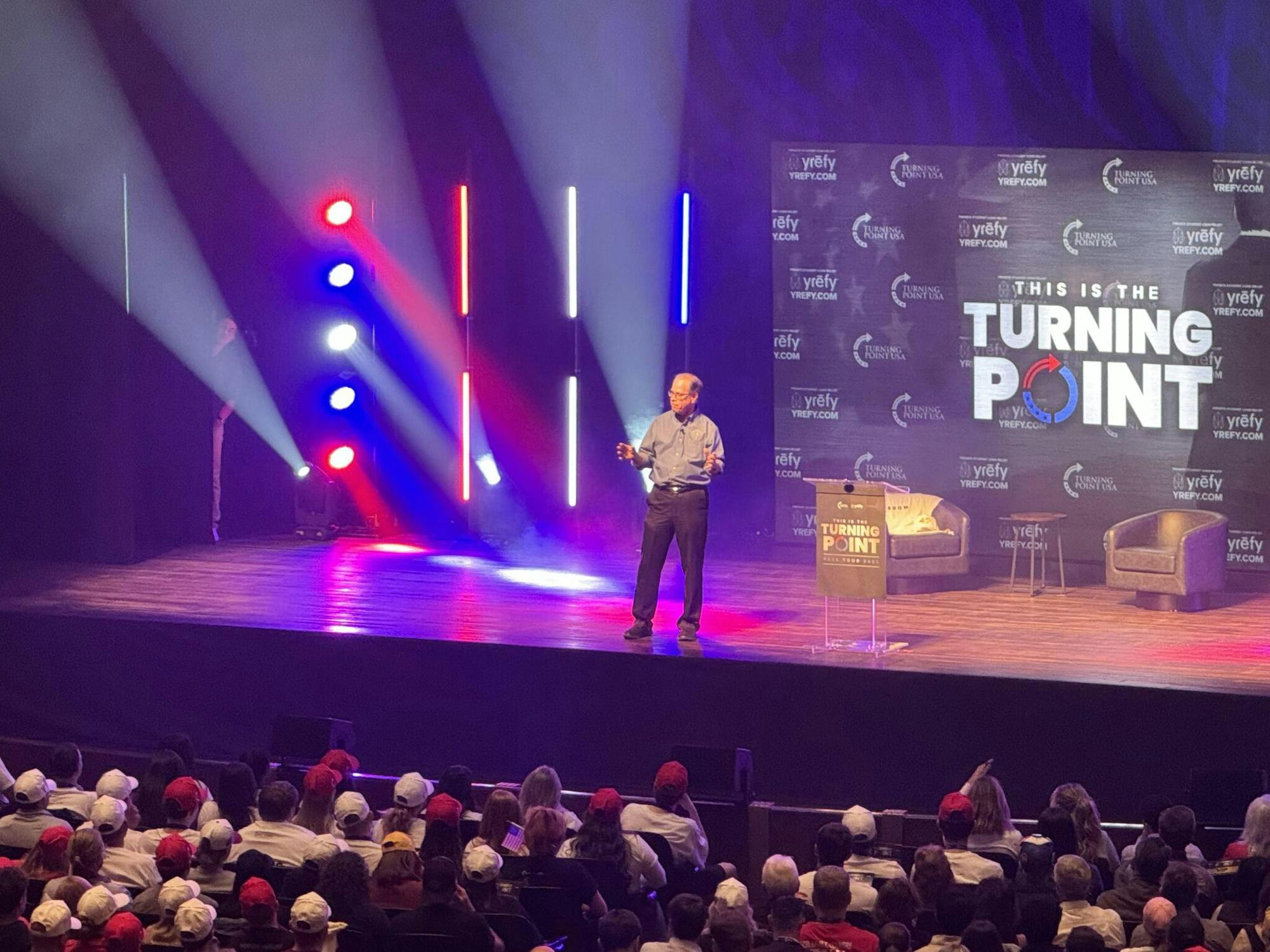 Gov. Mike Braun gives opening remarks at the Turning Point USA event at Indiana University in Bloomington on Oct. 21, 2025. (Photo by Madelyn Hanes for the Indiana Capital Chronicle)