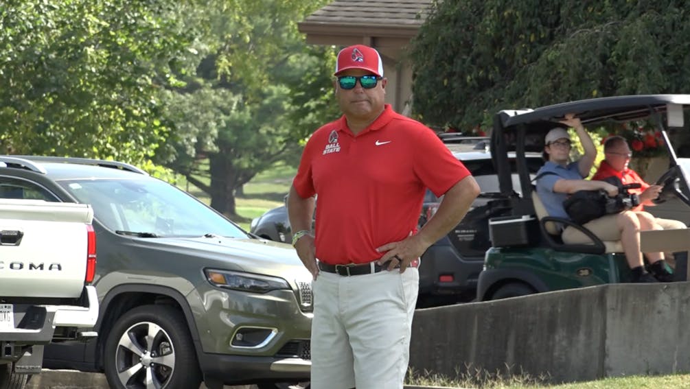 Mike Fleck watching his team practice. 

Jalen McKissic, NewsLink Indiana