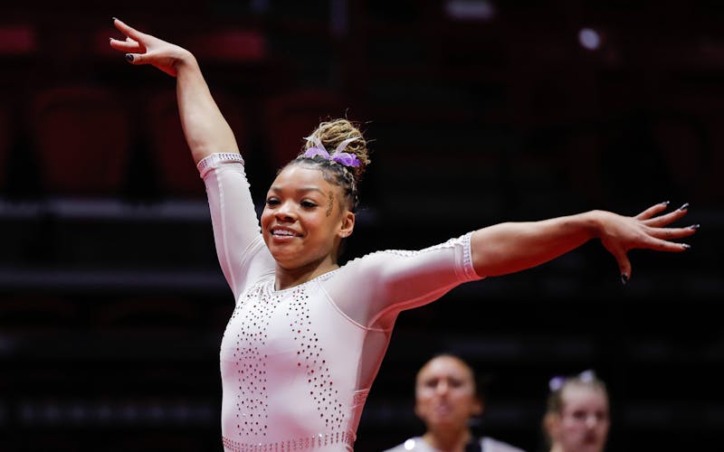 Ball State junior Zoe Middleton performs her floor routine against Central Michigan Feb. 9 at Worthen Arena. Andrew Berger, DN