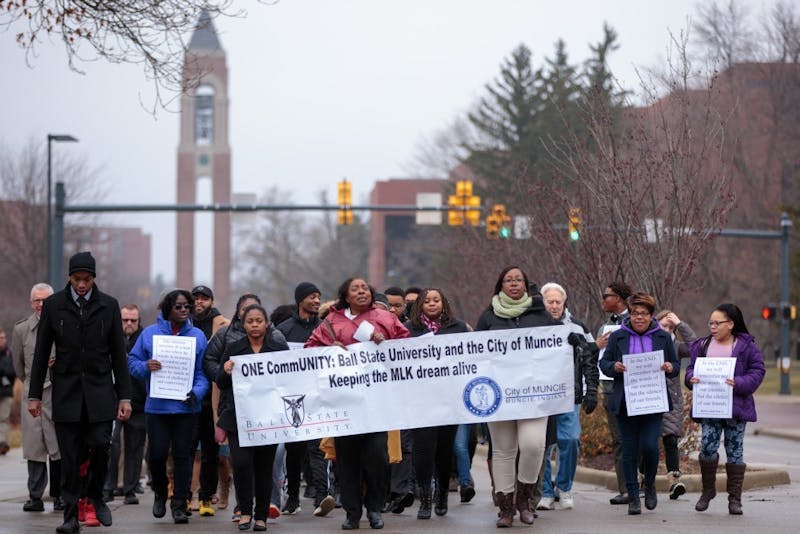 Ball State students and Muncie community members march on McKinley Avenue for the Unity March, Jan. 16, 2017. This year's Unity March is scheduled to take place Jan. 20, 2020. Kyle Crawford, DN File