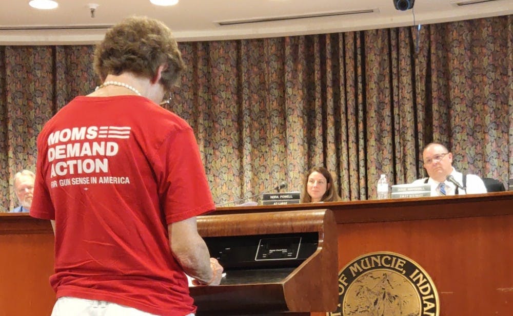 <p>Lynn Hale, co lead of the Muncie Chapter of Moms Demand Action for Gun Sense in America, speaks at the Muncie City Council meeting July 1, 2019, at Muncie City Hall. The council passed a resolution 8-0 encouraging stricter background checks. <strong>Rohith Rao, DN</strong></p>