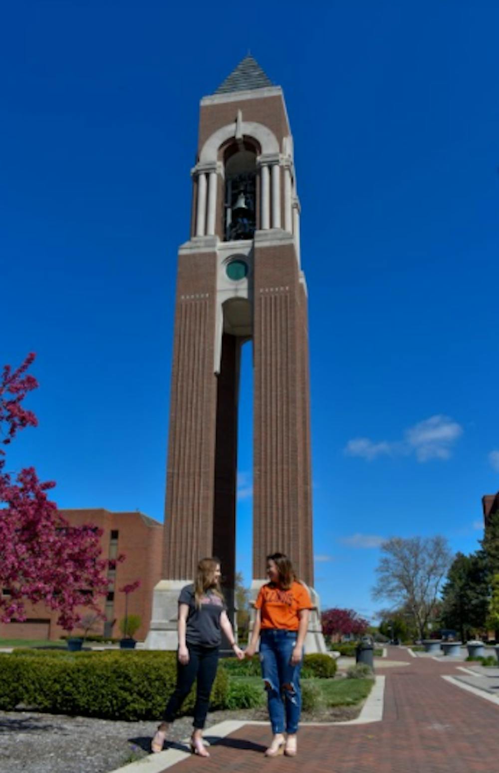 Maddy Hamp and Kelsey Friis pose in front of Shafer Tower on McKinley Ave. Hamp and Friis have been friends since their freshman year at Ball State. Maddy Hamp, Photo Provided