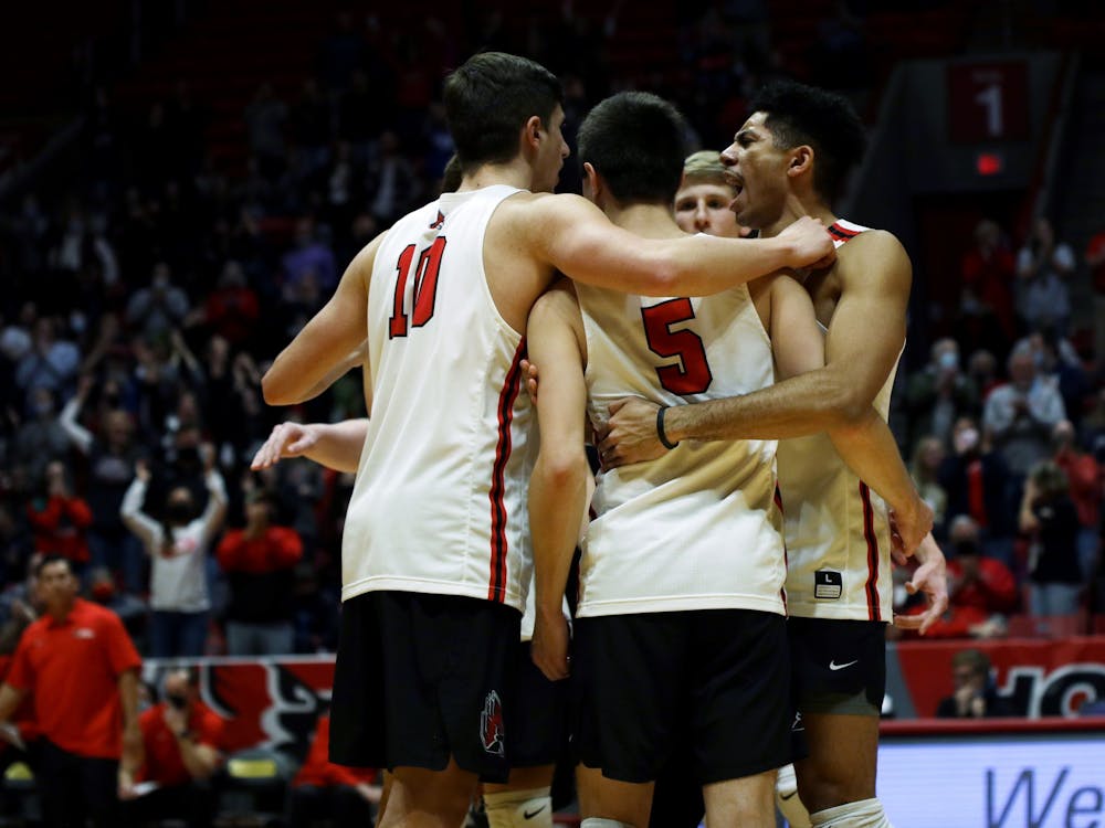 The Ball State Men's Volleyball team celebrates scoring a point against Hawaii on Jan. 29, 2022, at Worthen Arena in Muncie, IN. The Cardinals beat Hawaii in three sets. Amber Pietz, DN